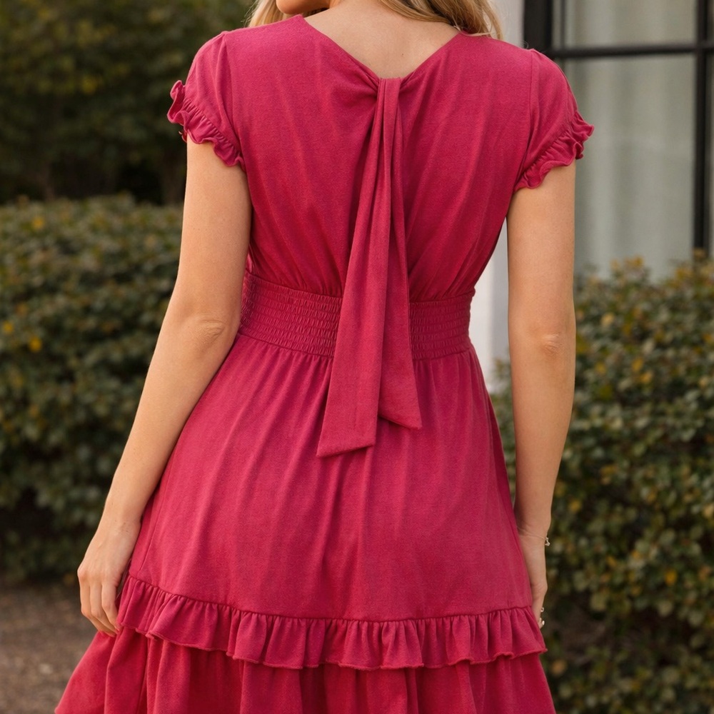 Caracilia Womens Pink Dress Size M NWT Ruffle Sleeve Smocked Waist Tie Front - Picture 2 of 10